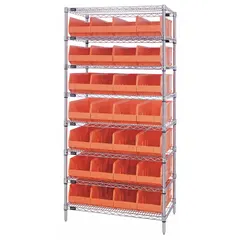 This wire stationary bin shelving unit includes 28 open-front shelf bins made of orange polypropylene, each measuring 7 in x 8-1/4 in x 12 in. The one-sided frame is constructed from silver steel, providing a sturdy structure for organizing small parts and components in industrial storage environments.