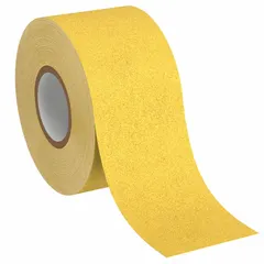 Solid yellow rubber tape, 4 in x 60 ft, 30 mil thick, with coarse 60 grit abrasive. Pressure-sensitive adhesive for indoor and outdoor use on ramps, steps, and walkways. Chemical-resistant and NFSI specified.