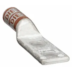 This two-hole compression lug is designed for terminating 2 AWG stranded copper wire to a 3/8 in stud. It features a long copper barrel and is intended for use in electrical panels, switchgear, and heavy equipment requiring secure, low-resistance connections. No inspection hole is provided.