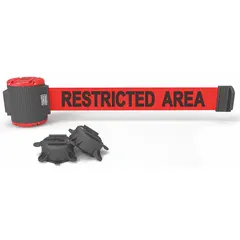 This magnetic-mount retractable belt barrier features a 30 ft red belt with Restricted Access Messaging. The black housing and base allow temporary installation on metal surfaces without drilling. It is used to cordon off areas and communicate entry restrictions in industrial and public settings.