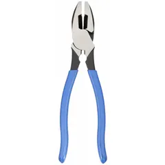 Multipurpose lineman's pliers with a flat jaw design, 9 3/8 in overall length, 1 5/8 in jaw length, 1 1/4 in jaw width, and 5/8 in jaw thickness. Features a conduit reaming nose and dipped handle. Suitable for cutting, gripping, twisting wire, and reaming conduit ends in electrical and general maintenance tasks.