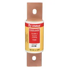 Class J bolt-on body fast-acting fuse rated 250 A and 600 V AC. Non-indicating design. Suitable for overcurrent protection in industrial electrical circuits such as motor control centers, panelboards, and switchgear.