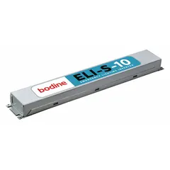 The BODINE ELI-S-10 is a lithium-ion battery-powered emergency lighting inverter for fluorescent, incandescent, and LED loads up to 10 W. It accepts 120 to 277V AC input and includes a parts kit with labels. Commonly used to maintain illumination of exit signs and emergency luminaires during power outages.