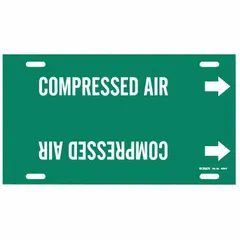 Green pipe marker with white legend reading 'Compressed Air' and directional arrows. Fits pipe outer diameters of 6 to 7-7/8 inches. Supplied as a single marker for identifying compressed air lines in industrial piping systems.
