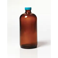 Amber Narrow Mouth Round Glass Lab Bottle, 500 mL, 28-400 mm, Polypropylene Cap, Case of 12