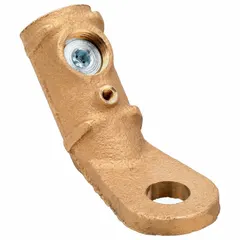Non-insulated ball-point welding cable lug with a 45° angle, rated for a maximum compatible current of 325 A. Used to terminate welding cables for a direct electrical connection in arc welding setups.