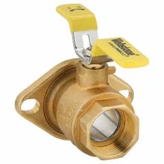 Brass straight ball valve with 1 1/4 in full port ball port and FIP x Flange end connections. Features a tee handle for manual on/off flow control. Suitable for water, oil, and gas applications requiring minimal pressure drop.