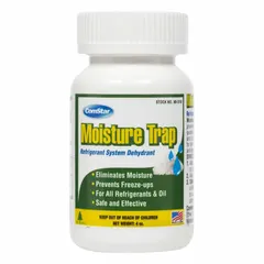 COMSTAR Moisture Trap Liquid Dehydrant (MPN 90-318) is a non-flammable, clear liquid formulated for use with mineral oil lubricants. It removes moisture from refrigeration systems to prevent corrosion and ice formation. Supplied in a 4 oz bottle.