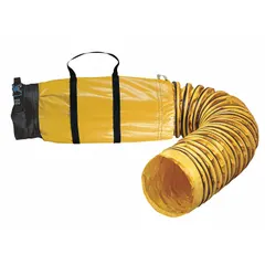 This 25-foot ventilation duct is constructed from black/yellow vinyl polyester and is designed for use with blowers to direct fresh air into confined spaces or exhaust stale air. It meets ASTM 227 standards and includes a drawstring closure for secure attachment. Suitable for industrial maintenance, tank cleaning, and construction applications requiring safe airflow.