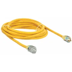 This outdoor extension cord provides a single NEMA 5-15R outlet and is terminated with a NEMA 5-15P plug. The 25-foot length features 10/3 SJTW construction with a yellow jacket for visibility. Rated for 125V AC, it operates in temperatures from -40° to 167°F, suitable for powering tools, lights, or equipment in outdoor or job site applications.