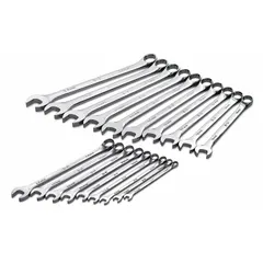 This 19-piece set includes metric 12-point combination wrenches with a chrome finish. Each wrench features a 15° head offset angle for improved access in confined spaces. Suitable for tightening and loosening fasteners in general mechanical work and assembly tasks. Supplied in a tool roll for organized storage.