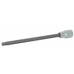 This hex bit socket features a 3/8 in drive and a 3/16 in hex tip for SAE fasteners. The 7 in overall length provides extended reach. A replaceable insert allows for tip replacement to extend tool life. Suitable for driving hex-head fasteners in automotive, machinery, and general maintenance tasks.