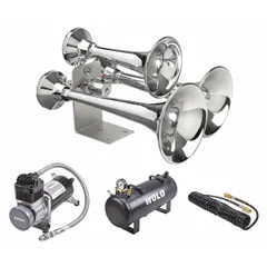 Electric air-powered horn kit with chrome-plated silver finish. Operates on 12V DC and delivers a maximum sound level of 152 dB. Includes a 16-1/2 in L x 14-3/4 in W x 11 in H hose. Suitable for use in industrial environments for audible signaling.
