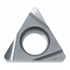 Triangle (T) indexable turning insert made of Cerment material. Used for precision turning and finishing of steel, stainless steel, and cast iron in moderate-speed operations. Provides high hardness and thermal stability for fine surface finishes.