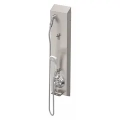 Shower faucet panel with handheld showerhead for wall-mount installation. Overall dimensions: 38 5/8 in height, 7 1/2 in width, 3 in depth. Suitable for commercial and institutional shower applications such as healthcare facilities, locker rooms, and dormitories.