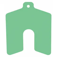 Untabbed slotted shim, A Trade Size, 0.003" thick, 2 in length, 2 in width. Green color. Pack of 20. Thickness tolerance ±0.00015 in; length and width tolerance ±0.030 in. Used for precision alignment and gap adjustment in industrial machinery assemblies where tabbed shims are not required.