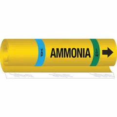 Wrap-around pipe marker for identifying VAP-phase, high-pressure ammonia piping systems. Fits pipe outer diameters from 1-1/2 to 2-3/8 inches. Includes directional arrows to indicate flow direction. Suitable for use in industrial refrigeration applications.