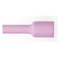 Alumina gas lens nozzle, size No. 6, long variant. Used in TIG welding to improve shielding gas coverage and reduce turbulence. Suitable for applications requiring precise gas flow. Sold in a pack of 10.