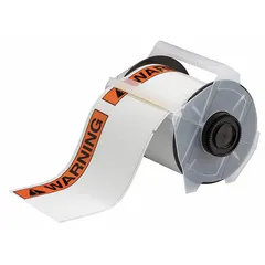 White polyester WARNING-header labels in 4 in x 6 in and 6 1/4 in x 4 in sizes. Compatible with GlobalMark 2 printer series. Used for industrial safety identification on equipment, pipes, and hazard areas.