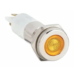 Yellow LED pilot light with flush head design for 10 mm panel mounting hole. Features a 0.11 Male Quick Disconnect electrical connection. Used as a visual status indicator in industrial control panels and machinery.