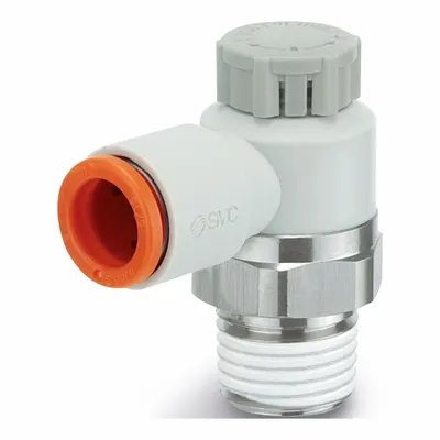 SMC Speed Control Valve: Elbow Fitting, Knob, 1/4 in/1/8 in Valve Body Size - Elbow-Style Speed Control Valves