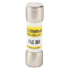 Midget time-delay cylindrical fuse rated 30 A at 500 V AC and 300 V DC. Measures 13/32 in x 1 1/2 in. Provides overcurrent protection in circuits with inductive loads such as motors and control transformers, accommodating temporary inrush currents.