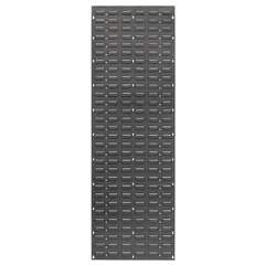 Wall-mount louvered panel without bins, measuring 61 in x 18 in x 1 1/2 in. Finished in gray baked enamel with one louvered side. Designed for organizing tools and small parts in workshops, garages, and industrial facilities by allowing hooks, brackets, and bins to be hung without shelves.