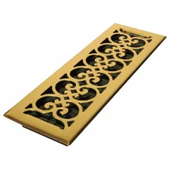 This floor register features a decorative bright brass steel grille with a one-way airflow direction and non-adjustable blades. It is designed for floor-mounted HVAC supply or return openings in residential or light commercial settings.
