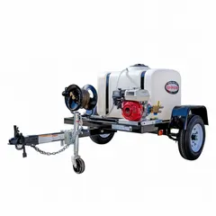 This SIMPSON cold water pressure washer is a heavy-duty cart-mounted unit with direct-drive operation, powered by a Honda engine. It is designed for outdoor cleaning tasks such as removing dirt, grime, and grease from equipment, vehicles, and surfaces.