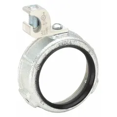 Zinc-plated iron bushing with gray finish for terminating and grounding heavy-wall RMC and medium-wall IMC metal conduit. Features a 2 in trade size, female NPS threaded connection, and includes a clamp for bonding. Insulated design with 1-15/16 in overall length, 0.71 in outside diameter, and CSA certification.