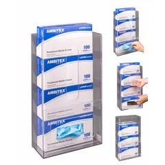 Wall-mounted lab storage bin made of clear PETG, holding up to (4) boxes. Overall dimensions: 4 in width, 18 in height, 10 1/4 in length. Used for organizing glove boxes in laboratory settings.