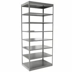 This heavy-duty shelving unit features a steel frame and steel shelves, finished in gray. It measures 36 inches by 24 inches with an overall height of 84 inches and includes 8 shelves. The unit is unassembled and designed for full-access storage in warehouses, industrial facilities, and commercial environments.