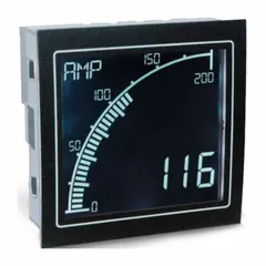 AC current digital panel meter with 9,999 display span, 0.5% accuracy, and red LCD high-contrast display. Features RS-485 interface and internal removable terminal blocks. Housed in a NEMA 4-rated enclosure. Operates on 12 V AC to 24 V AC input power. Used for monitoring AC current in industrial control panels and process automation systems.