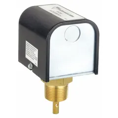 Insertion-style paddle switch for liquid level detection in piping systems. Brass body with 1 in NPT connection, designed for 6 in pipe. AC contact rating 44.4 A at 120V (locked rotor). Suitable for general industrial flow or level sensing applications.