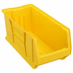 This yellow plastic hopper bin measures 11 inches by 10 inches with an overall length of 23 7/8 inches. It is stationary and stacking capable, allowing vertical storage of parts and components in industrial environments.