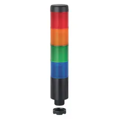 Four-tier tower light assembly with blue, green, red, and yellow light tiers and an integrated sounder tier. Operates on 24V AC/DC and has an overall height of 209 mm. Used for visual and audible signaling in industrial applications such as machine status indication and process monitoring.