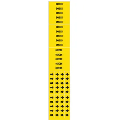 BRADY Pipe Marker: Oxygen, Yellow, Black, Fits 3/4 in and Smaller Pipe O.D., 3 Pipe Markers - Oxygen Adhesive Pipe Markers
