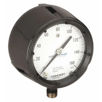 ASHCROFT Process Pressure Gauge: 0 psi to 160 psi, White, 4 1/2 in Dial, 1/2 in NPT Male - Vibration-Resistant All-Stainless Steel Wetted Parts & Casing