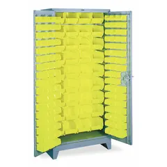 This LYON bin cabinet is a steel, powder-coated unit with a gray finish, designed for organizing small parts and components in industrial environments. It includes 136 yellow bins (each 7 in x 8-1/4 in x 14-3/4 in) and a 14 ga panel. The cabinet is assembled and features a shelf and bin style with no shelves.