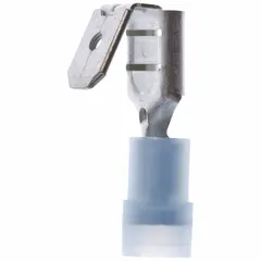 Partially insulated piggyback disconnect with blue nylon housing. Socket/tab design for 0.25 in x 0.032 in tabs. Used for quick-connect wiring in control panels, appliances, and automotive systems where daisy-chaining multiple circuits is required.