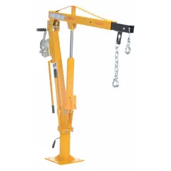 This manual steel davit crane kit includes a pedestal base for fixed or portable installation. It has a maximum load capacity of 1,000 lb, a boom range of 0 in to 7.2 ft, and a base height adjustment of 30 in to 44 in. Suitable for lifting and positioning loads in industrial environments such as warehouses and workshops.