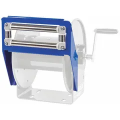 This 4-way top roller guide assembly is designed for 100 Series hose reels with an 18-inch reel width. It features a stainless steel roller and a blue steel bracket, with a top return location for guided hose routing. The assembly reduces wear on the hose during payout and rewinding in industrial applications.