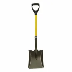 Square point shovel with a 14-gauge steel blade, black finish, and yellow fiberglass D-grip handle. Suitable for general digging, trenching, and moving loose materials such as soil, gravel, or sand.