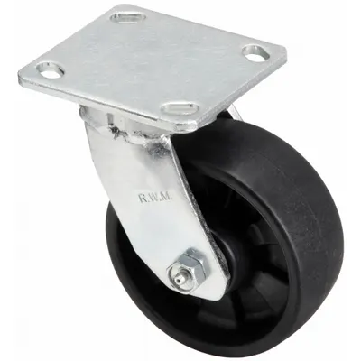 RWM Plate Caster: Swivel, Rubber, 5 in Wheel Dia, 2 in Wheel Wd, 6 1/2 in Mounting Ht - Medium-Duty General-Purpose Kingpinless Plate Casters