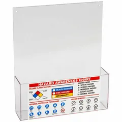 Wall-mount safety station for organizing hazard communication materials. Overall height 14 1/4 in. Mounting hardware not included. Provides a centralized location for safety data sheets, training records, and regulatory notices in industrial facilities.