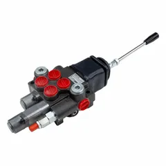 This manual spool monoblock valve features a four-way, three-position configuration with Tandem Center and spring return to neutral. It has 2 spools and is used for directional control of fluid flow in hydraulic systems, typically in mobile equipment such as tractors and loaders.