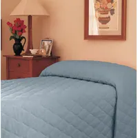 Quilted bedspread in slate color, made from a cotton/polyester blend with polyester fiberfill. Solid fabric pattern with quilted stitching. Overall dimensions 110 by 81 inches, designed to fit twin-size mattresses. Suitable for bedrooms, guest rooms, or hospitality settings