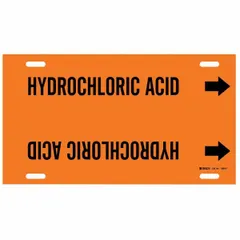 Snap-on pipe marker for identifying pipes carrying hydrochloric acid. Orange background with black legend and directional arrows. Fits pipe outer diameters of 6 to 7-7/8 inches. Supplied as a single marker.