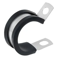 Galvanized steel loop clamp designed to secure tube and pipe with a maximum outer diameter of 2 1/2 in. Features an EPDM rubber cushion for vibration dampening and surface protection. Suitable for industrial piping, HVAC, and electrical installations.