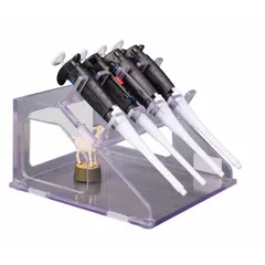 Clear PETG pipette rack for benchtop use. Holds up to four pipettes. Overall dimensions: 8 7/8 in length, 7 in height. Provides organized storage and visibility of pipettes in laboratory settings.